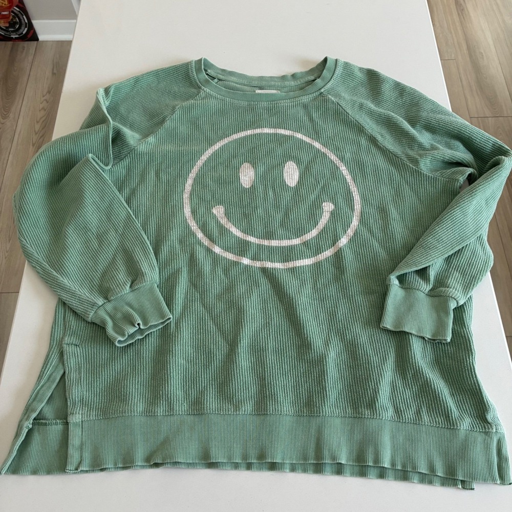 THREAD‎ SUPPLY Women Green Smiley Face Waffle Knit Long Sleeve Sweatshirt Top M